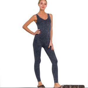 Zenana Woman’s One-Piece Stone Washed Ash Black S/M L/XL ribbed seamless